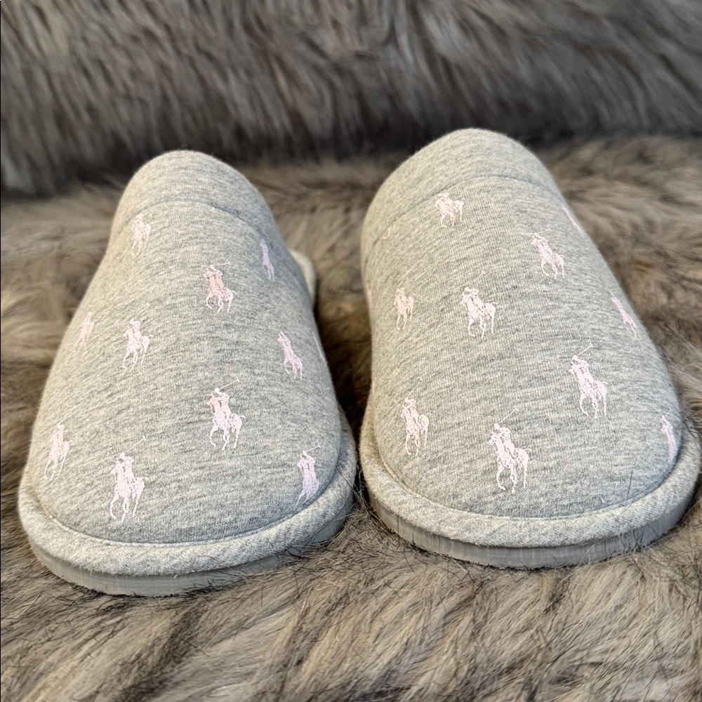 PRICE FIRM Polo Ralph Lauren Summit Scuff Gray Slippers with Pink Size 8 - Picture 5 of 7